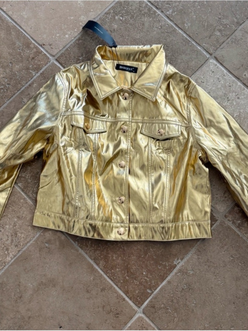 Allegra K Metallic Gold Cropped Jean Jacket